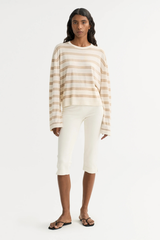 Soft Goat Fine Knit Striped Crewneck - Camel