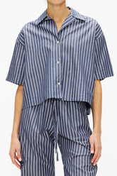 Enza Costa Poplin Cropped S/S Shirt - Navy/ White Stripe