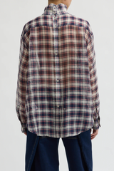 Tibi Silk Cotton Plaid Funnel Neck Shirt - Black/ Red Multi