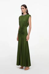 Self-Portrait Olive Jersey Gathered Maxi Dress - Green