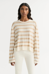 Soft Goat Fine Knit Striped Crewneck - Camel