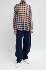 Tibi Silk Cotton Plaid Funnel Neck Shirt - Black/ Red Multi