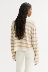 Soft Goat Fine Knit Striped Crewneck - Camel