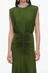 Self-Portrait Olive Jersey Gathered Maxi Dress - Green