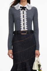 Self-Portrait Grey Lace Flower Knit Cardigan - Grey