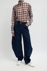 Tibi Silk Cotton Plaid Funnel Neck Shirt - Black/ Red Multi