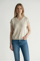 Majestic Filatures Organic Cotton Knit Cap Sleeve V-Neck Top - Milk