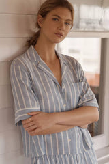 Eberjey Nautico Relaxed Short Sleeve & Pant PJ Set - Classic Stripe Slate Blue/ Ivory