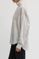 Tibi Ultra Light Silk Tencel Striped Funnel Neck Shirt - White Grey Multi