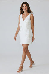 Self-Portrait White Crepe Embellished Flower Mini Dress - White