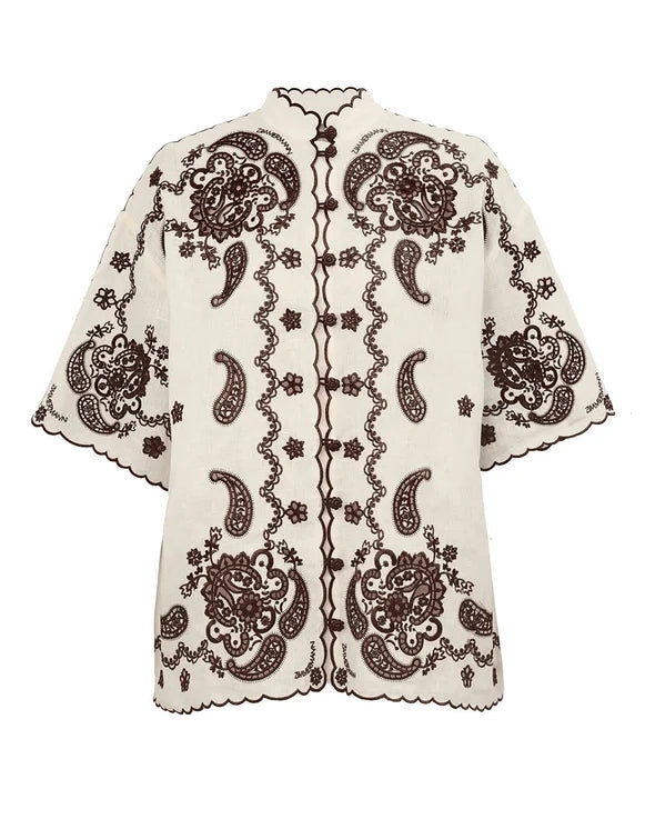 Zimmermann Ascension Embroidered Shirt - Ivory/ Chocolate