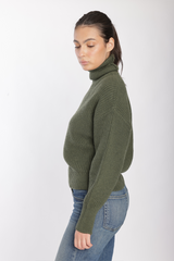 Majestic Filatures Merino Rib Long Sleeve Mock Neck Turtleneck - Kaki Chine
