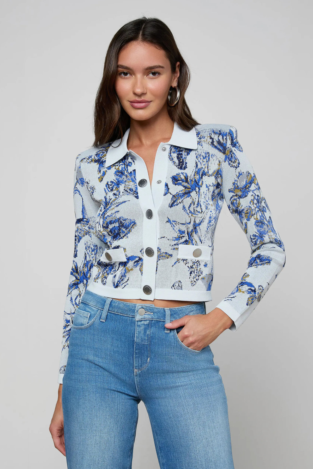 L'AGENCE Osiris Jacquard Cardigan - Grey Multi Watercolor Butterfly Jacquard