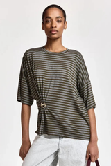 Essentiel Antwerp Kriss Striped T-Shirt With Brooch - Khaki Mission