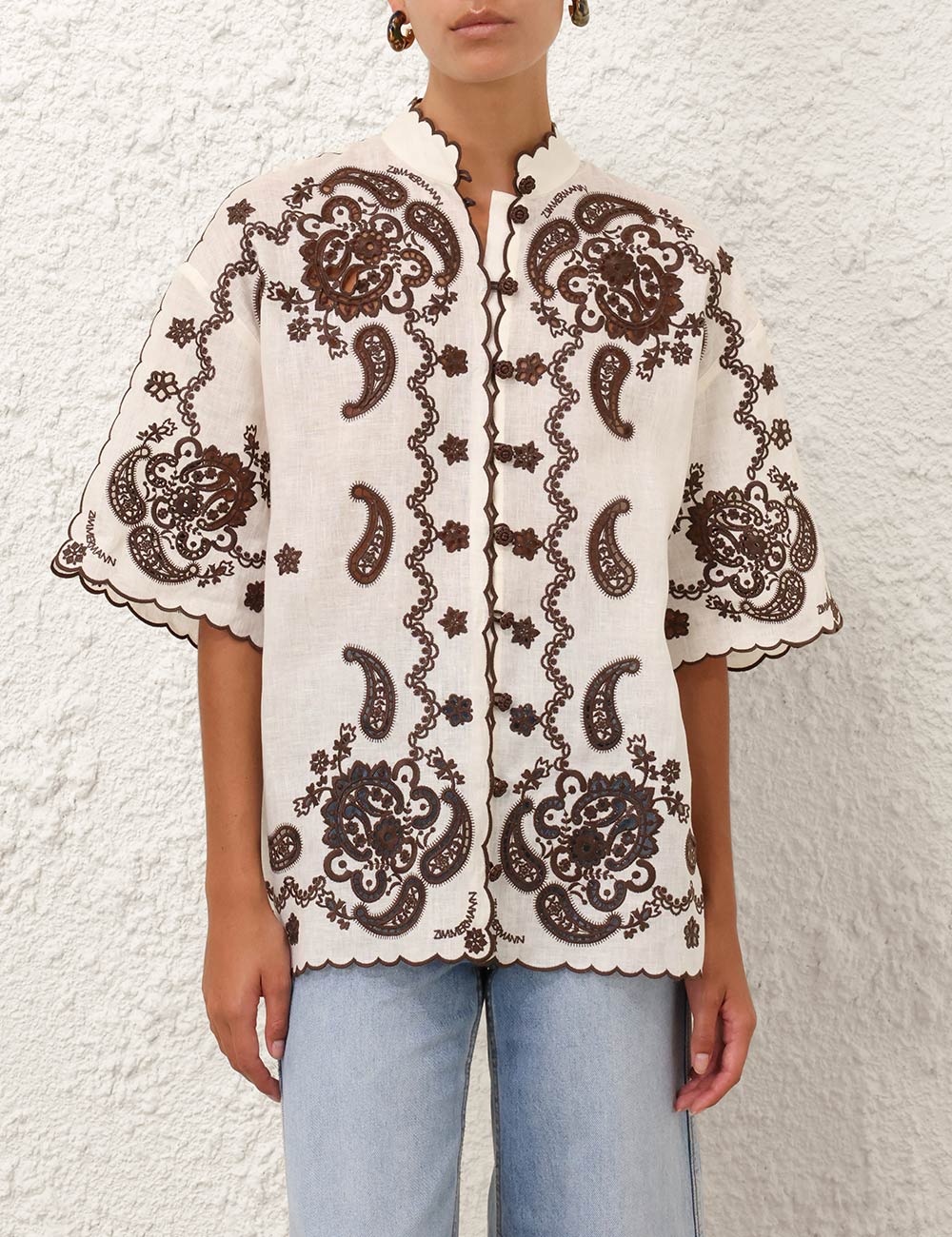 Zimmermann Ascension Embroidered Shirt - Ivory/ Chocolate