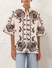 Zimmermann Ascension Embroidered Shirt - Ivory/ Chocolate