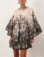 Zimmermann Rhiannon Lantern Mini Dress - Cream/ Black Floral