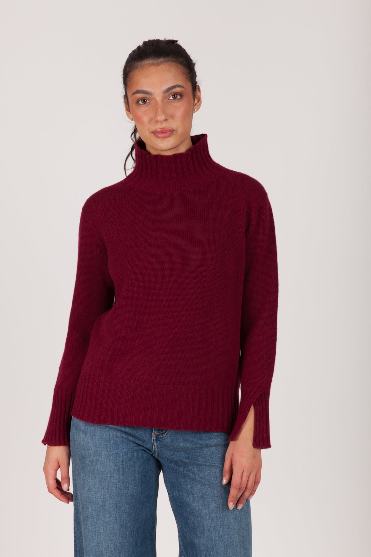 Oh My Goat Cashmere Long Sleeve Mock Neck With Side Slits - Bordeaux