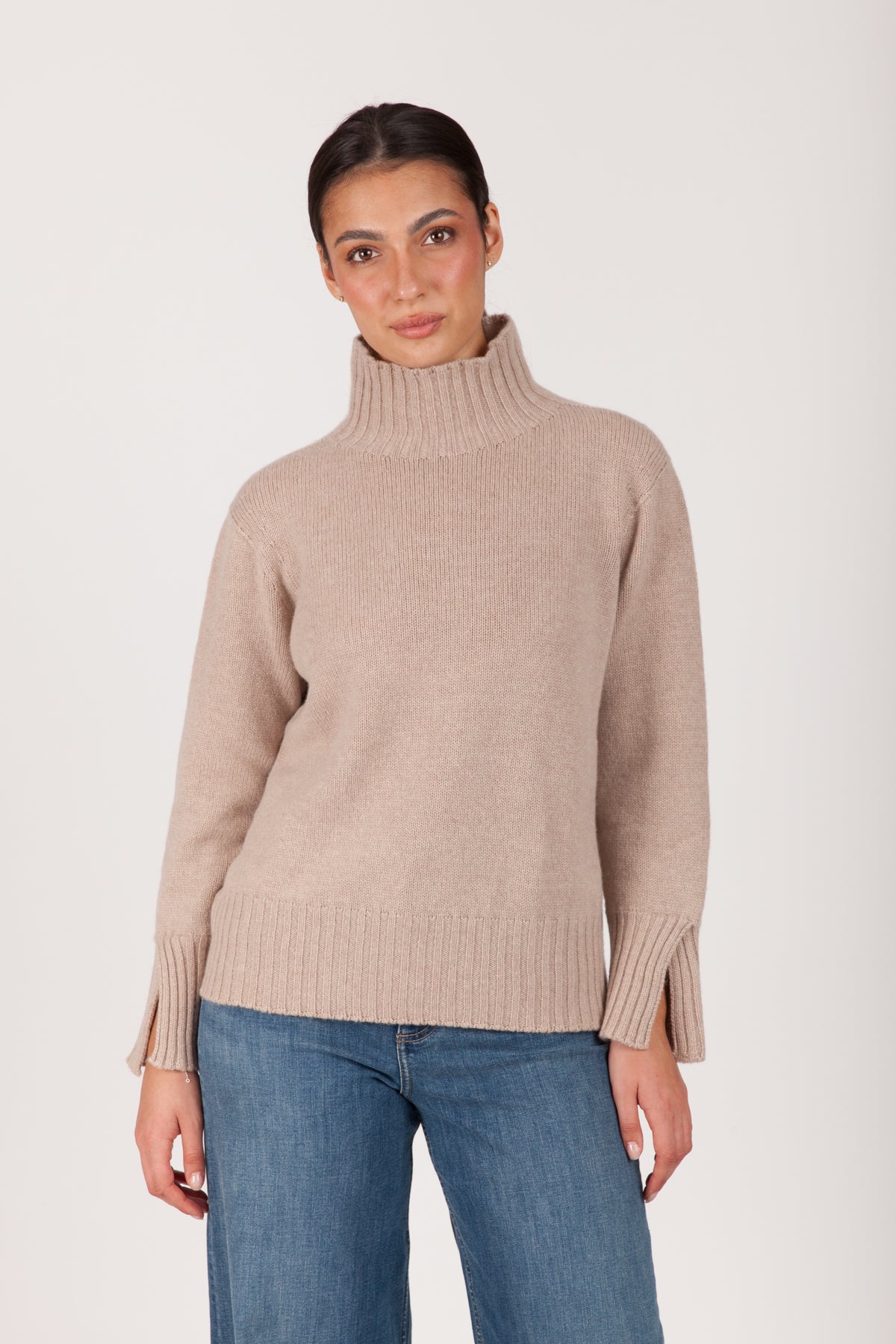 Oh My Goat Cashmere Long Sleeve Mock Neck With Side Slits - Beige