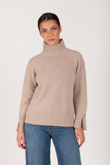 Oh My Goat Cashmere Long Sleeve Mock Neck With Side Slits - Beige