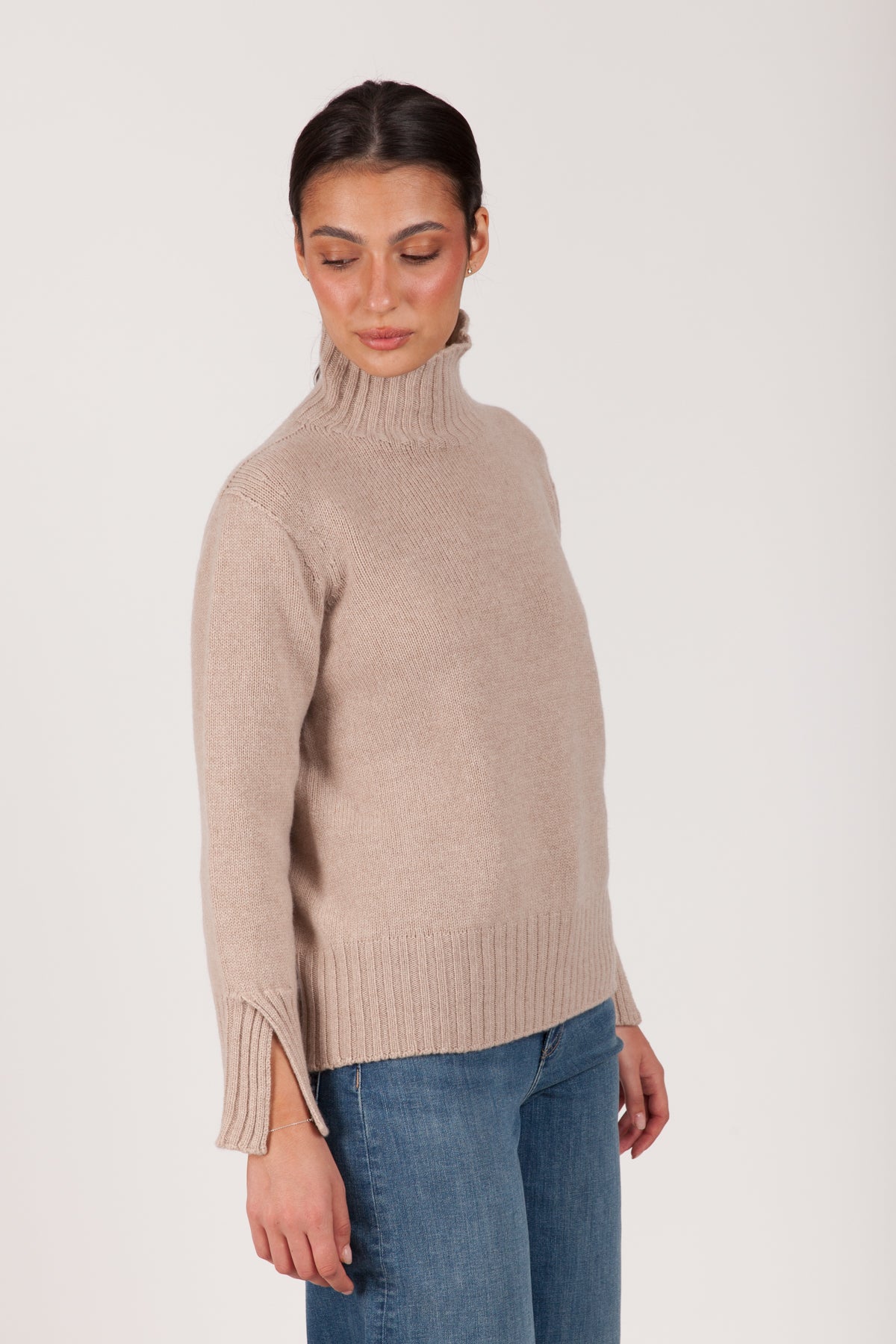 Oh My Goat Cashmere Long Sleeve Mock Neck With Side Slits - Beige