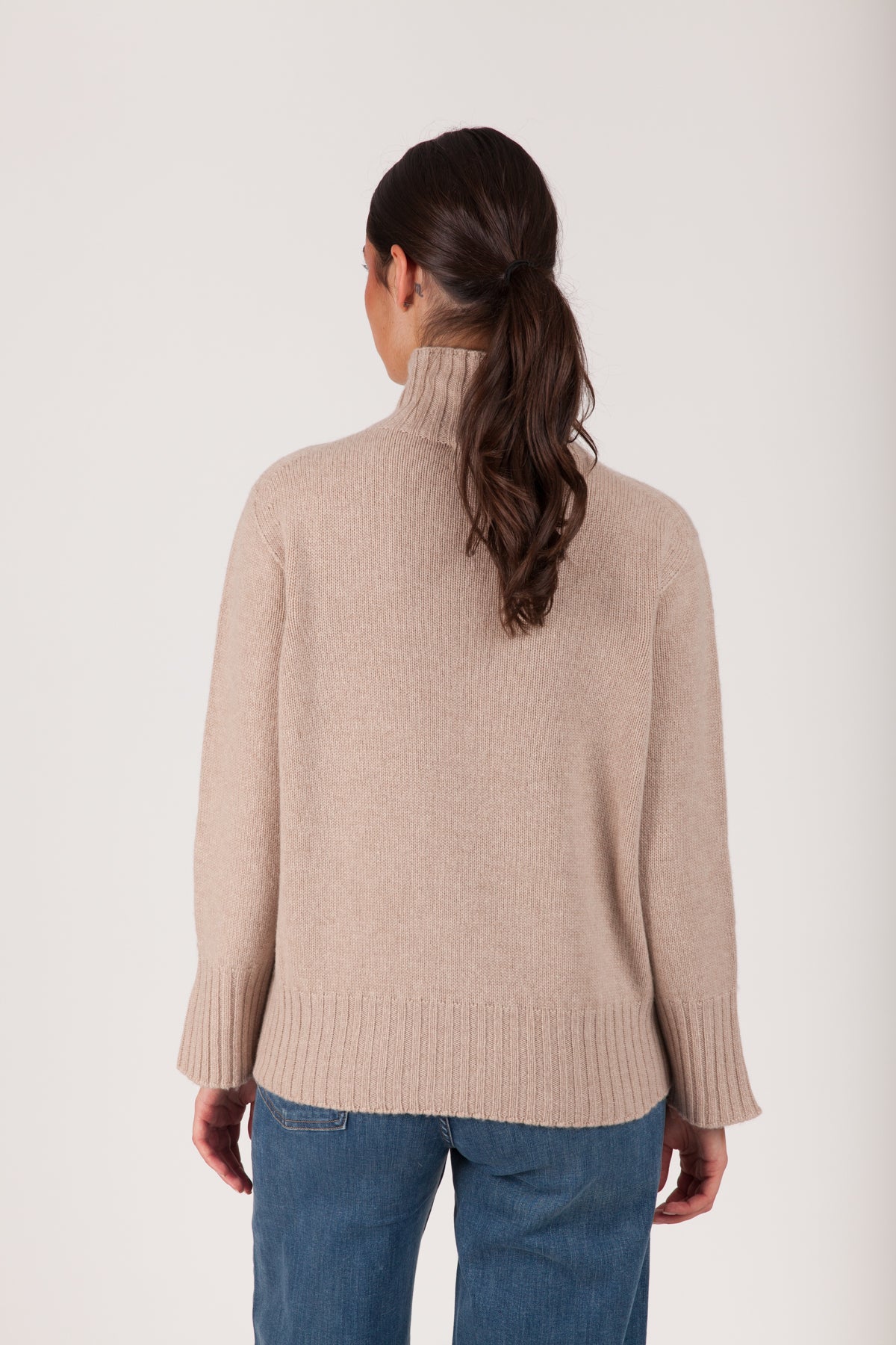 Oh My Goat Cashmere Long Sleeve Mock Neck With Side Slits - Beige