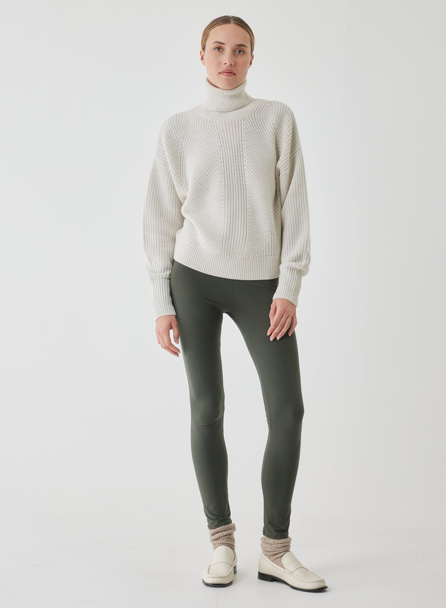 Majestic Filatures Merino Rib Long Sleeve Mock Neck Turtleneck - Milk
