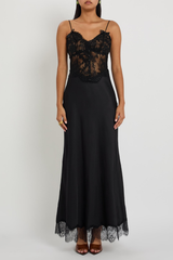Self-Portrait Black Satin Lace Midi Dress - Black