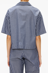 Enza Costa Poplin Cropped S/S Shirt - Navy/ White Stripe