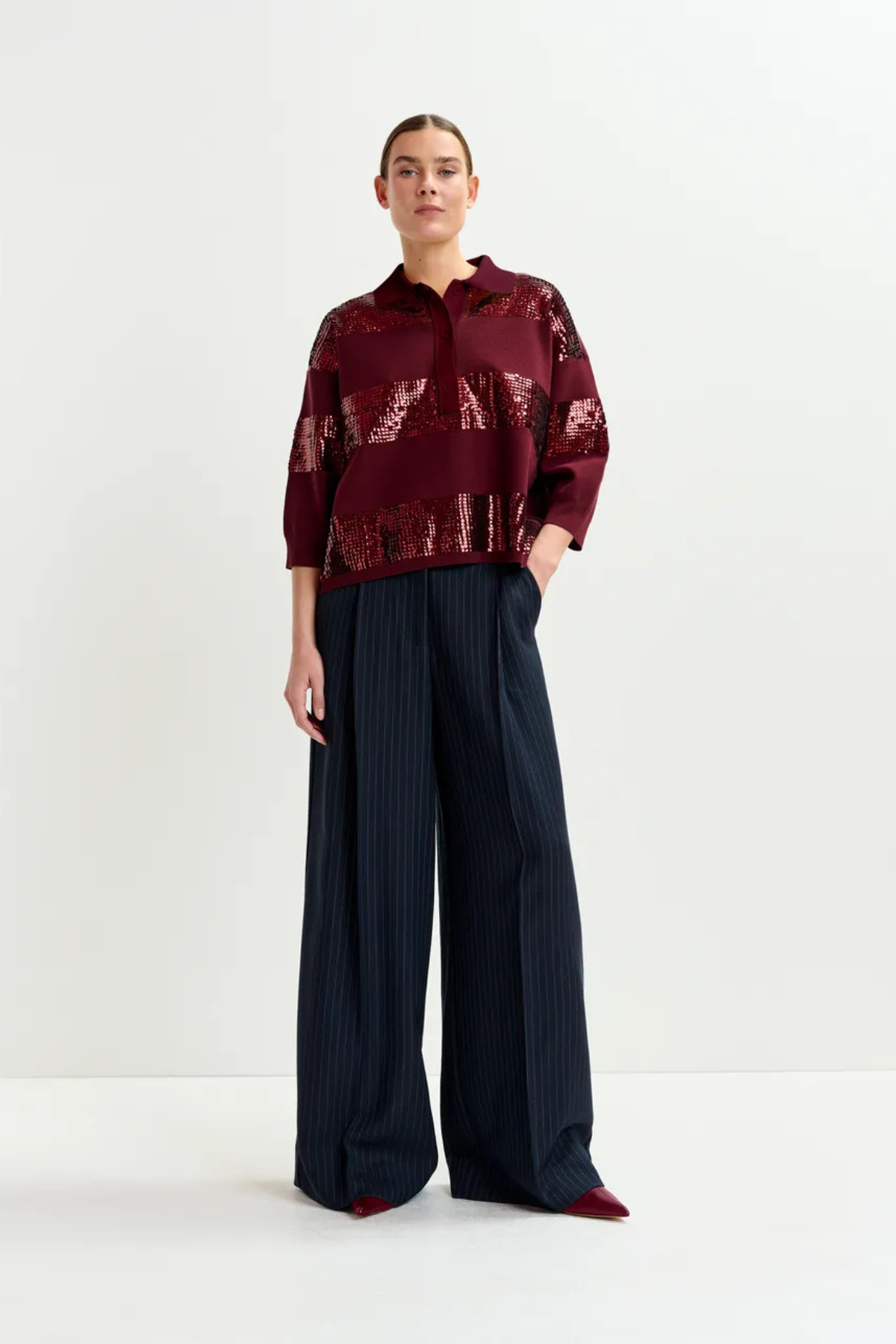 Essentiel Antwerp Illuminati Striped Sequin Polo - Combo3 Margot Mauve