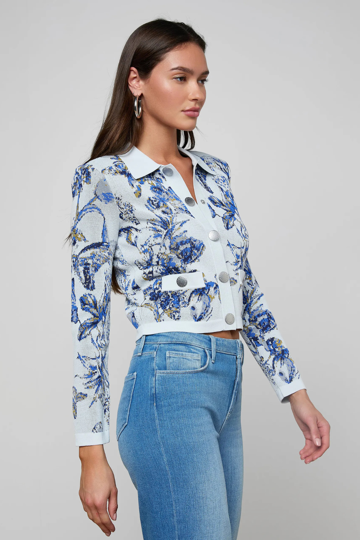 L'AGENCE Osiris Jacquard Cardigan - Grey Multi Watercolor Butterfly Jacquard