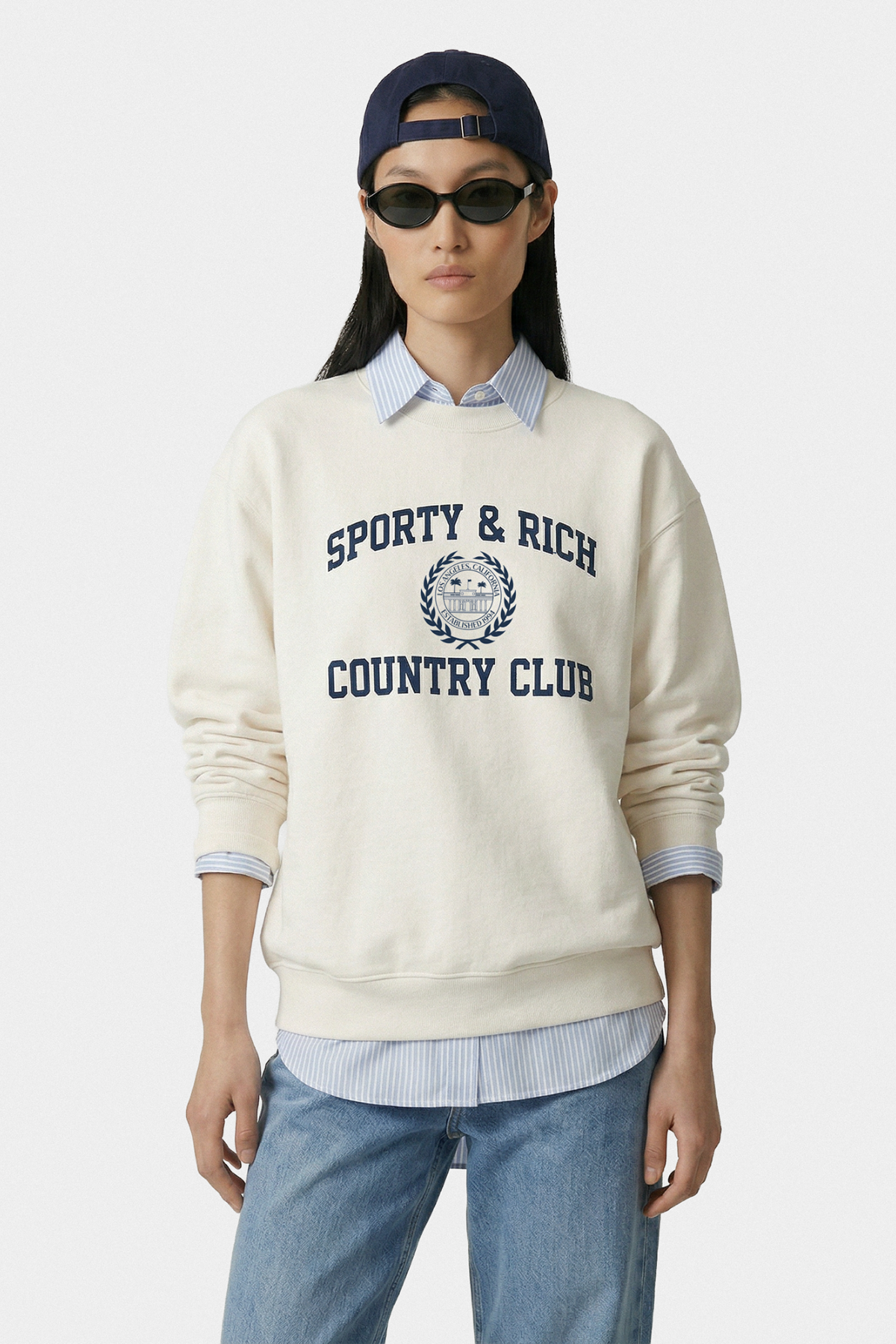 Sporty & Rich Varsity Crest Crewneck - Ecru Navy