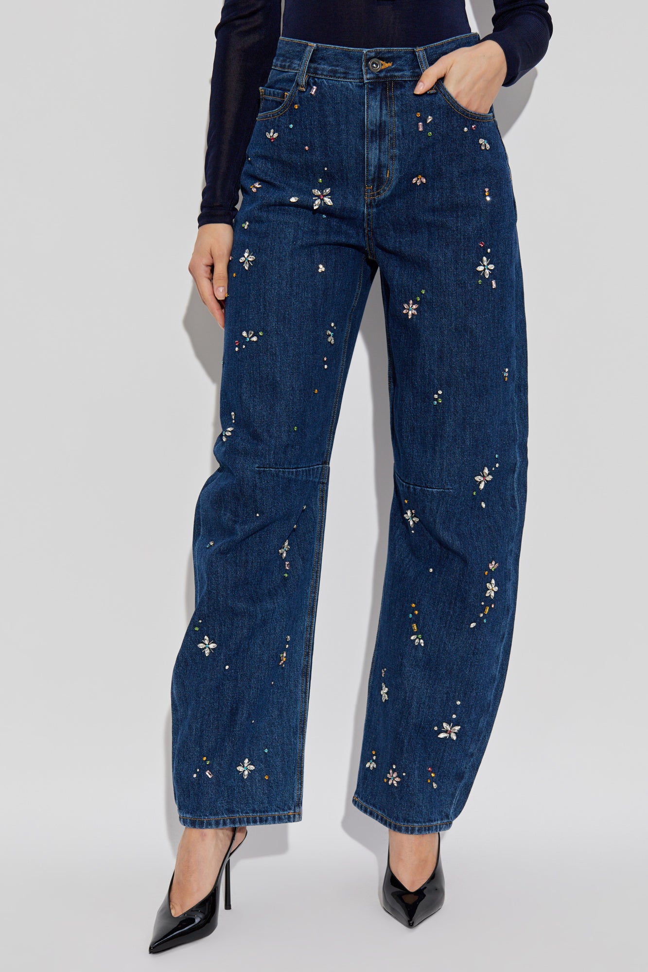 Self-Portrait Blue Embellished Barrel Jeans - Blue