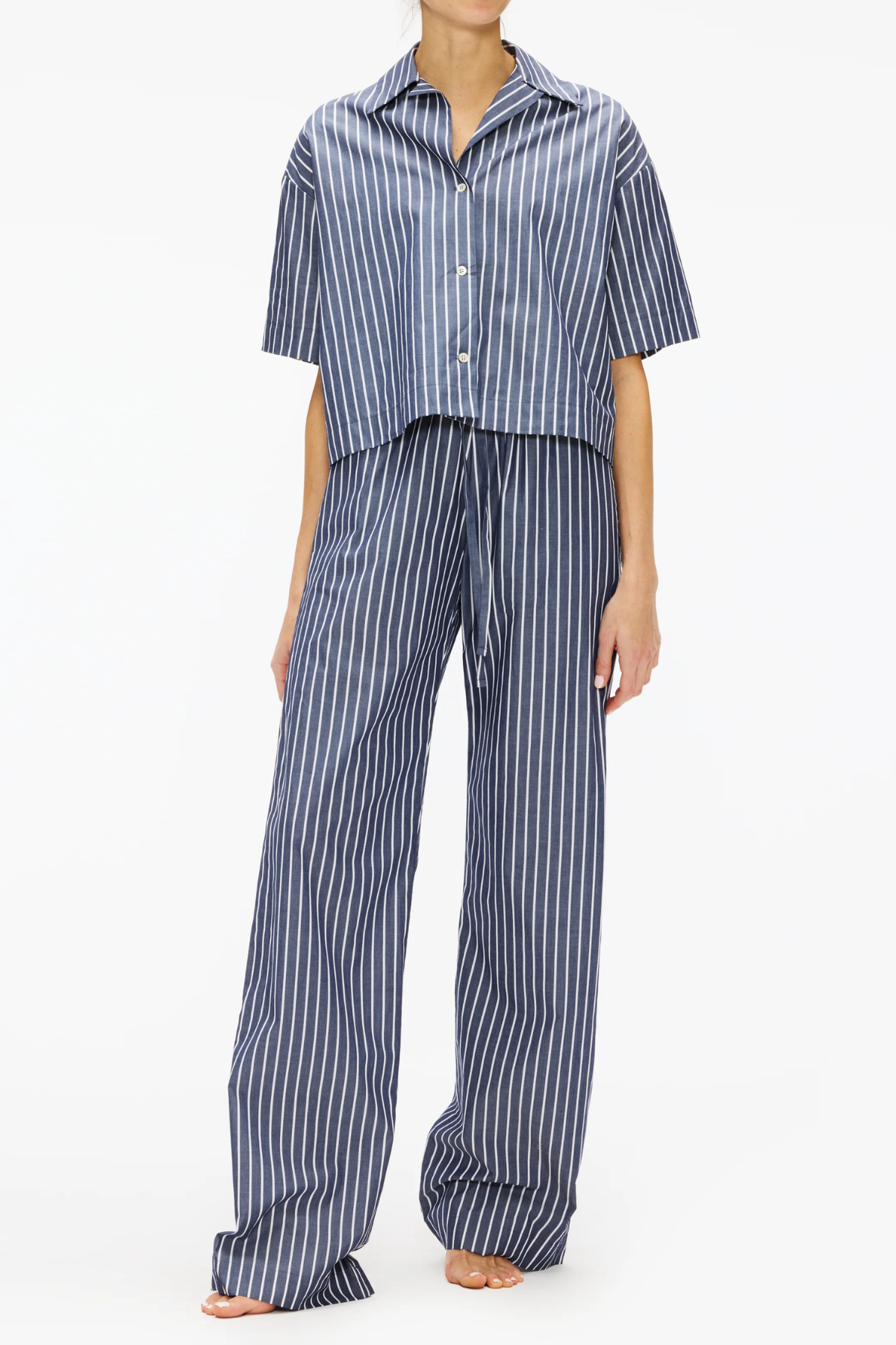 Enza Costa Poplin Cropped S/S Shirt - Navy/ White Stripe