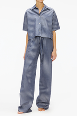 Enza Costa Poplin Cropped S/S Shirt - Navy/ White Stripe