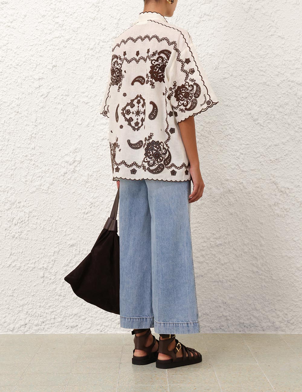 Zimmermann Ascension Embroidered Shirt - Ivory/ Chocolate