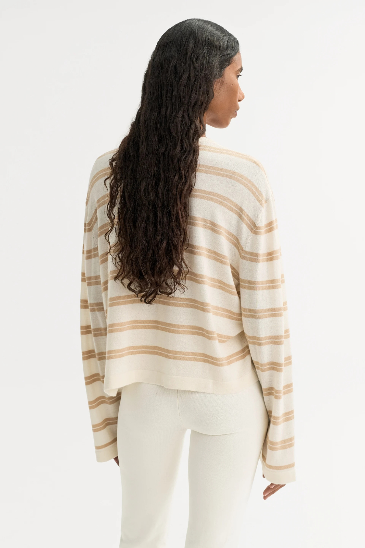 Soft Goat Fine Knit Striped Crewneck - Camel