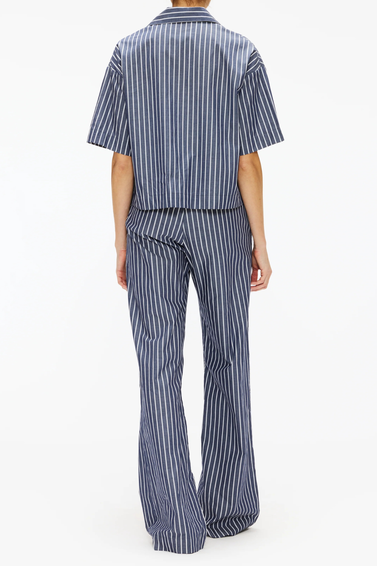 Enza Costa Poplin Cropped S/S Shirt - Navy/ White Stripe