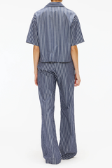 Enza Costa Poplin Cropped S/S Shirt - Navy/ White Stripe