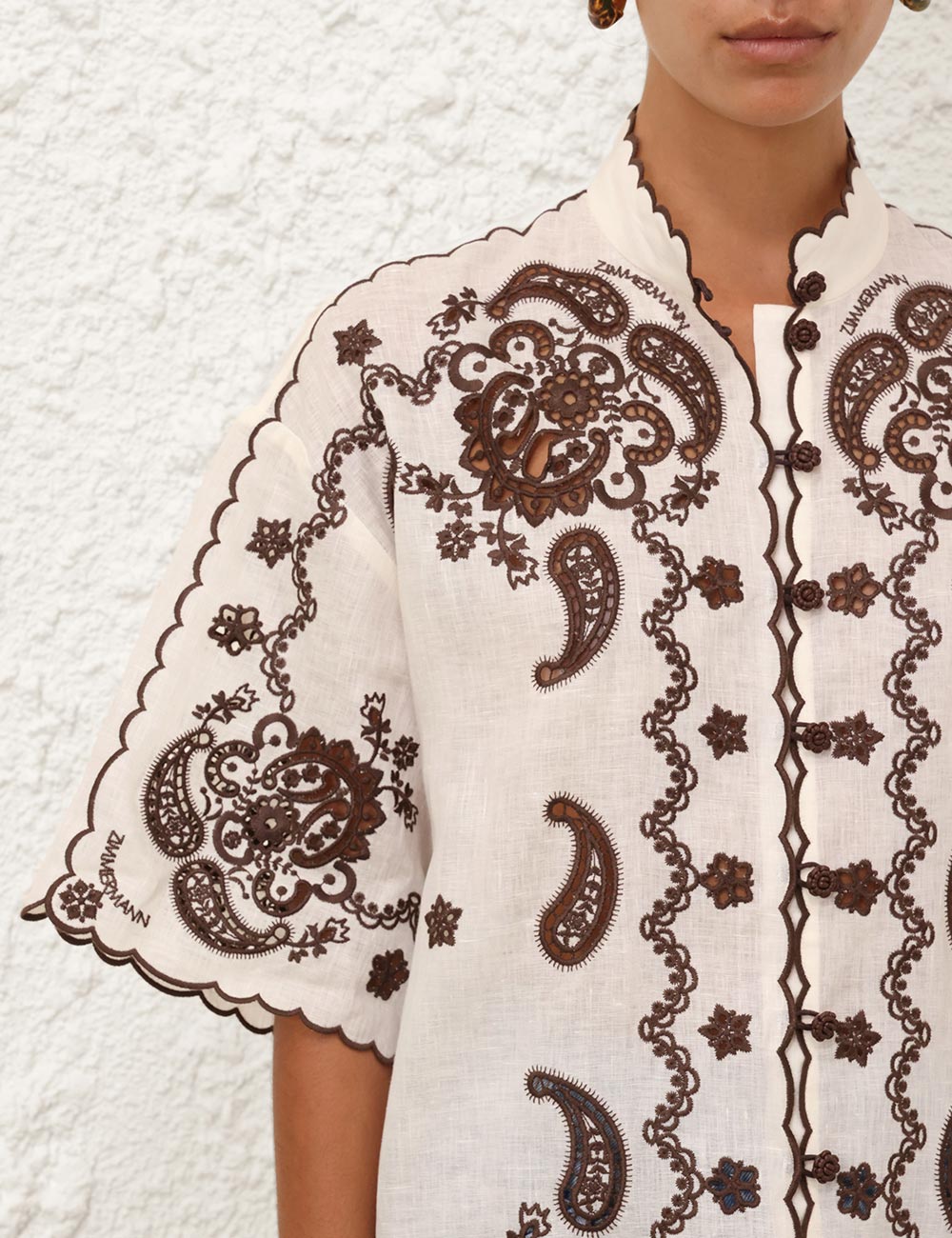 Zimmermann Ascension Embroidered Shirt - Ivory/ Chocolate