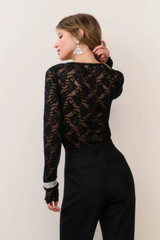 LoveShackFancy Jennie Sheer Lace Long Sleeve Bodysuit - Midnight Wish