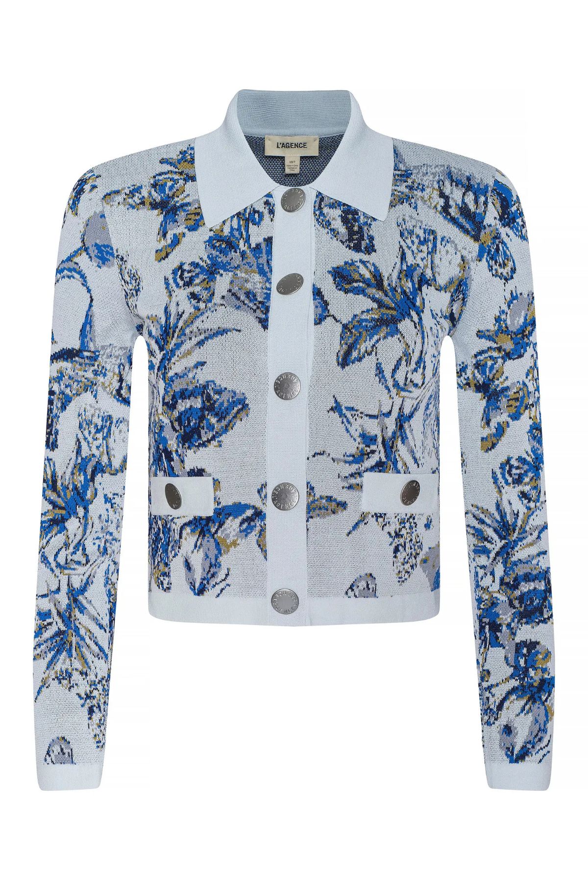 L'AGENCE Osiris Jacquard Cardigan - Grey Multi Watercolor Butterfly Jacquard