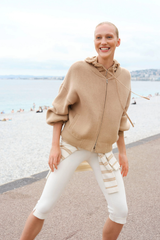 Soft Goat Fine Knit Striped Crewneck - Camel