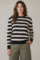 Enza Costa Stripe Silk Knit Long Sleeve Crew - Black/ Wheat