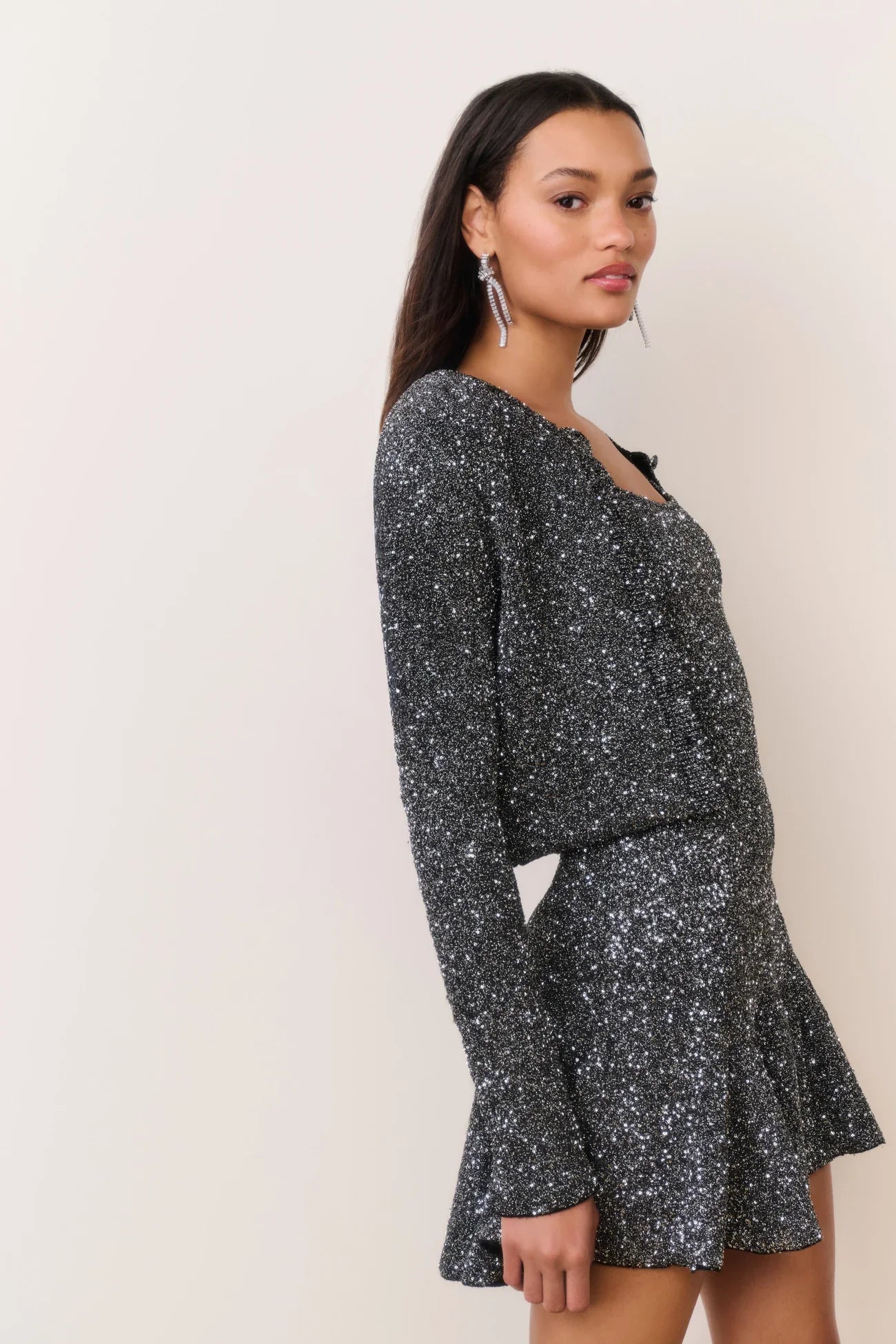 LoveShackFancy Ferra Sequin Stretch Knit Cardigan - Black