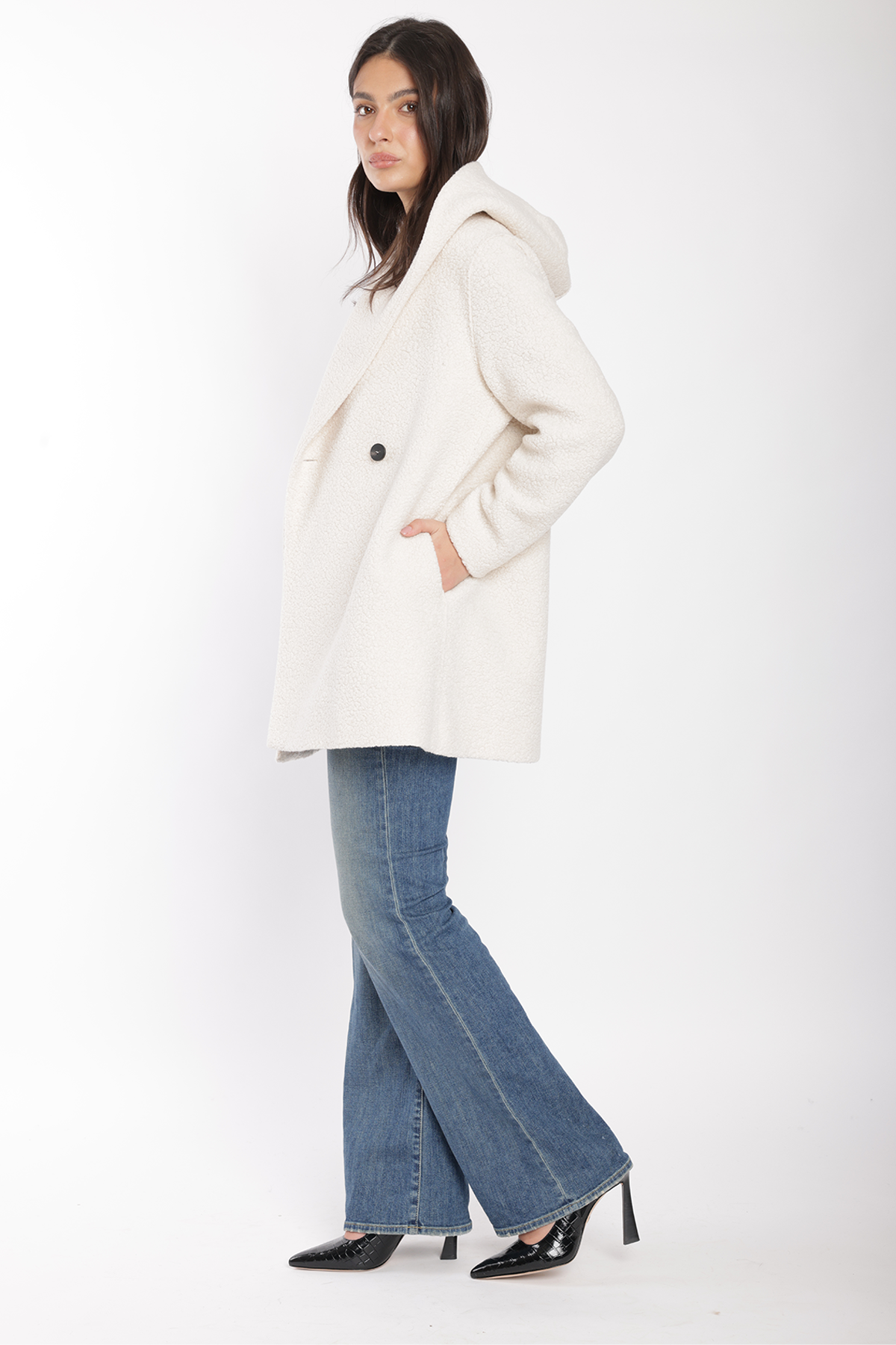 Harris Wharf Hooded Double Breasted Bouclé Jacket - Ecru