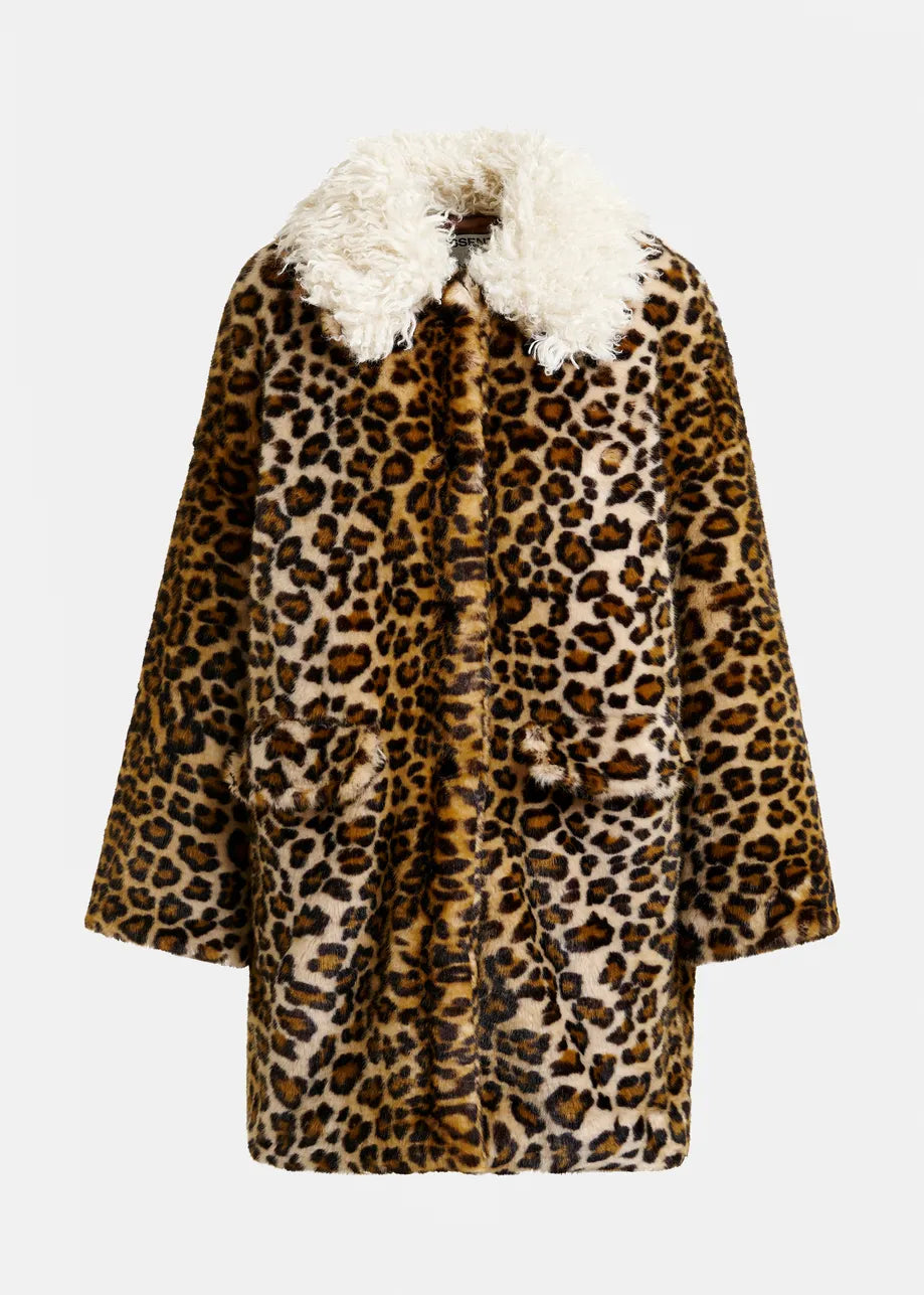 Essentiel Antwerp Leopard Print Faux Fur Coat - Black/ Brown/ Off-White