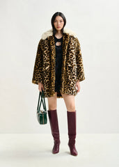 Essentiel Antwerp Leopard Print Faux Fur Coat - Black/ Brown/ Off-White
