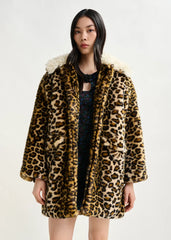 Essentiel Antwerp Leopard Print Faux Fur Coat - Black/ Brown/ Off-White