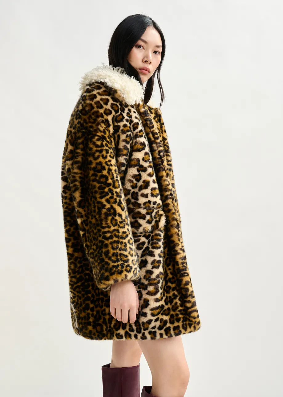 Essentiel Antwerp Leopard Print Faux Fur Coat - Black/ Brown/ Off-White